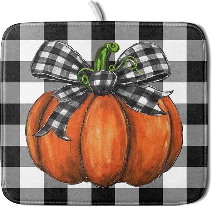 Fall Pumpkin Dish Drying Mat for Kitchen Counter Black White Buffalo Check Thanksgiving Super Absorbent Reversible Microfiber Kitchen Countertop Protector Dishes Pad Small 16x18 inch