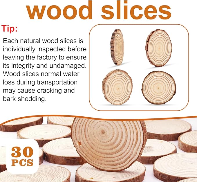 30 PCS Natural Unfinished Wood Crafts, 2.7" - 3.1" WoodRounds with Hole, Wood Ornaments WoodCircles for Crafts Doodle, Splice, Paint, Art, Decorate