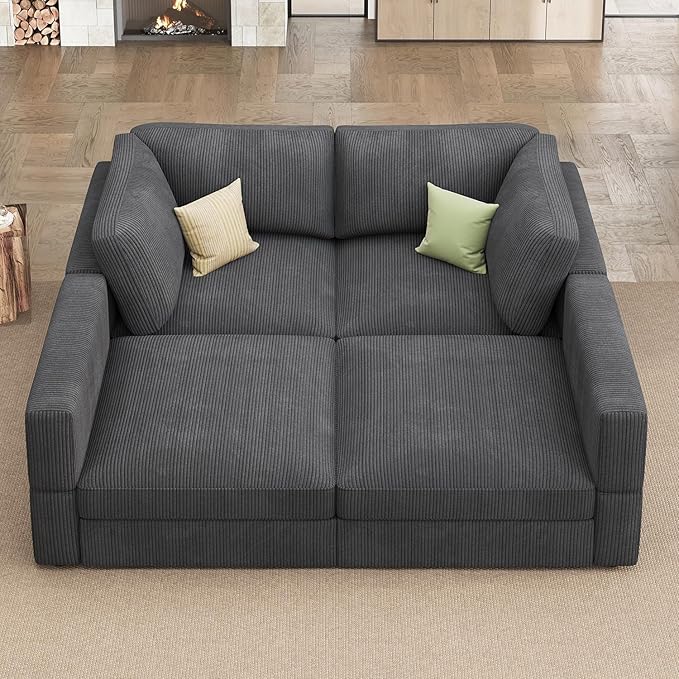 HONBAY Modular Sectional Couches with Storage Corduroy Sleeper Sofa Modular Sectional Couches for Living Room,Dark Grey