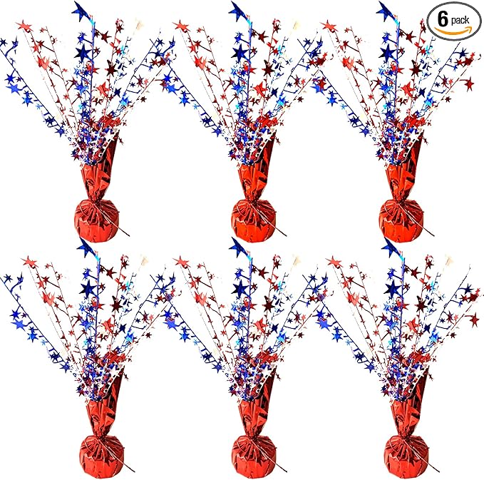 6 Pack 4th of July Table Centerpiece Decoration Metallic Foil Spray Star Burst Patriotic Decoration Independence Day Labor Day Veteran Day Memorial Day Party Supplies, Red White and Blue