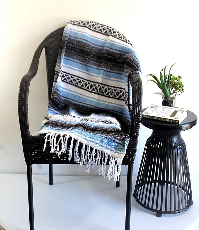 Del Mex Classic Mexican Blanket, Large Authentic Woven Falsa Throw (70"x50"), Artisan Southwest Décor for Beach, Yoga, Outdoors (Light Blue)