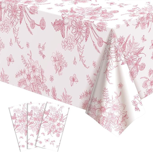 3 Pack Pink Floral Plastic Tablecloths, 54 X 108Inch Tea Party Tablecloth Disposable Vintage Table Cloths Pink and White Porcelain Tables Decor for Birthday Garden Wedding Tea Party Supplies