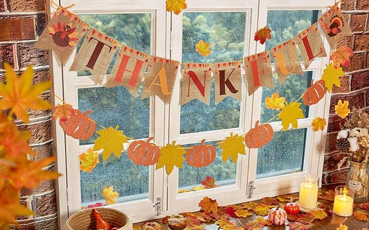 Fall Party Decorations, with Pre-strung Thankful Burlap Banner and Maple Leaf Confetti for Autumn Thanksgiving Home Decorations
