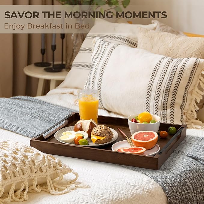 Axeman Wooden Serving Tray with Metal Handles|Ottoman Tray for Breakfast, Bed, Couch|17x13in Ash Wood Coffee Table Trays|Food Drinks Decorative Storage Boards for Ottoman Kitchen, Walnut