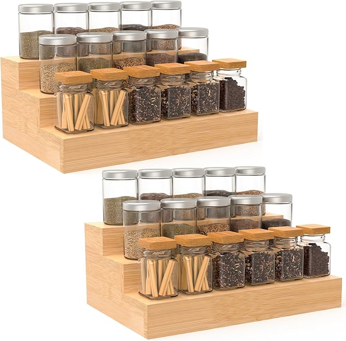 2 Pack Bamboo Spice Rack Organizer for Countertop, 3 Tier Spice Step Shelf for Cabinet (Jars Not Included)