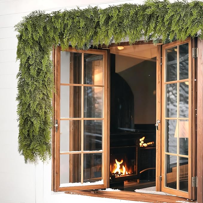 9FT Real Touch Cedar Garland for Fireplace - Artificial Christmas Garlands Realistic Faux Greenery Fake Pine Needles Garland for Holiday,Table, Window,Mantel,Stairs, Home,Indoor Outdoor Decor (1PCS)