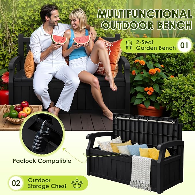 Greesum 80 Gallon Outdoor Storage Bench, Resin Patio Furniture with Armrest,Waterproof and UV-Resistant, Perfect to Garden, Poolside and Lawn, Dark Black