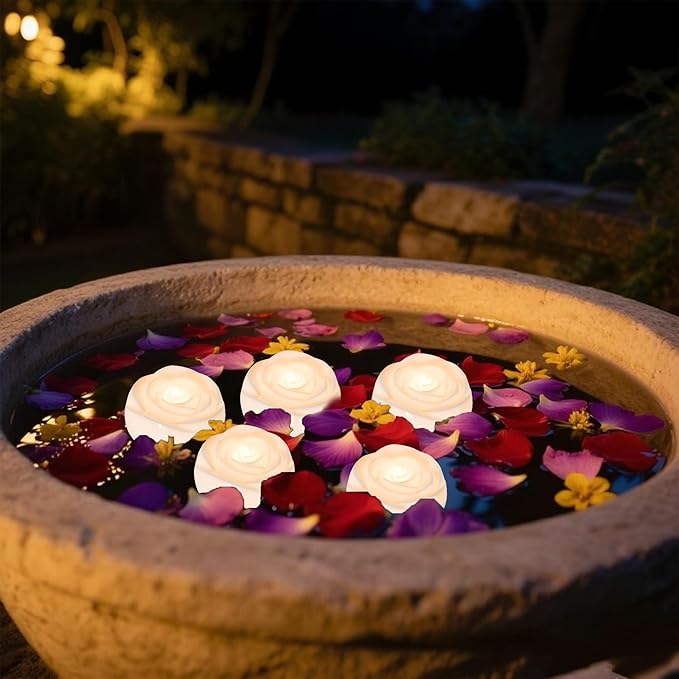 Aignis 24pcs Flameless LED Floating Candles, White Rose Plastic Tealight Battery Operated, 120+ Hours Glow Time, Cozy Light for Romantic Pool/Bathtub/Hot Bath/Wedding Centerpiece Decor(D2.83*H1.42)