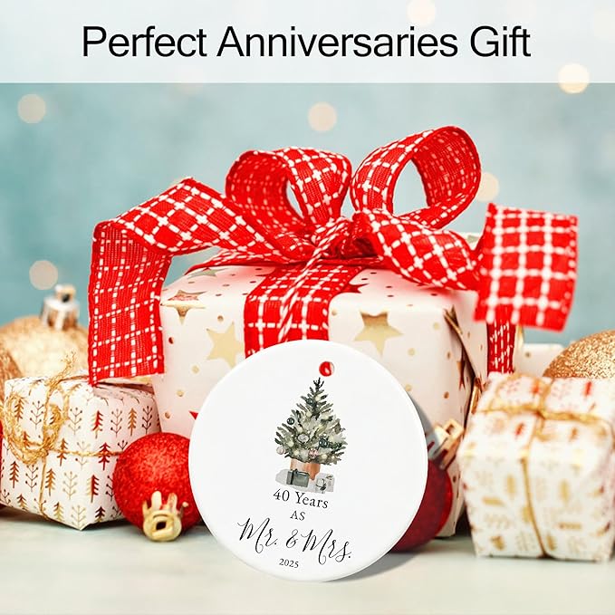 40th Anniversary Ornament Gifts for Parents,Couple, 40th Wedding Anniversary for 40 Year as Mr and Mrs Gifts, Ceramic Keepsake 40th Anniversary Christmas Ornaments with Ribbon and Box