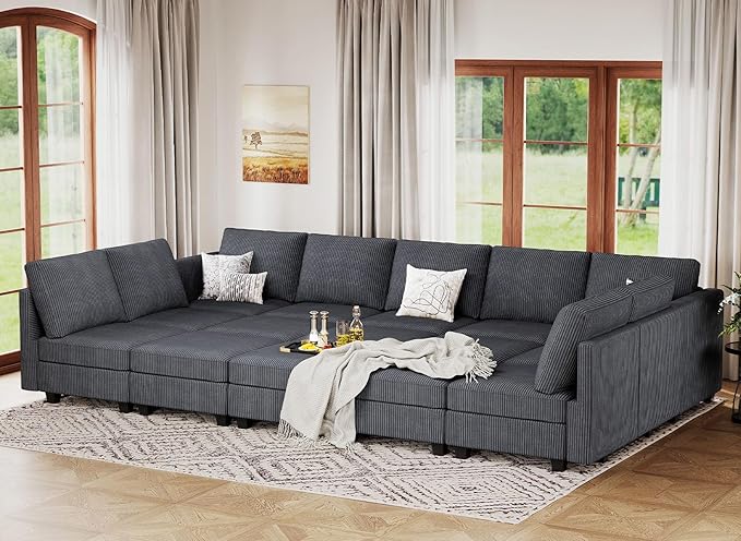 Belffin Large 15 Seat Modular Sectional Sofa with Storage Seat Corduroy Sleeper Sectional Sofa Bed Oversized Convertible Modular Couch for Living Room Dark Grey