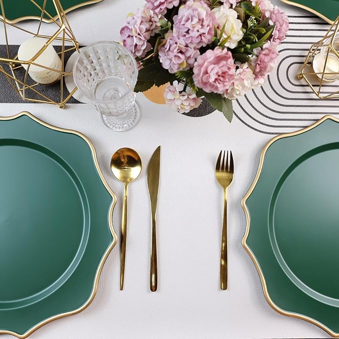 Green Chargers for Dinner Plates, 13 Inch Scalloped Plastic Decorative Table Charger Service Plates Set of 6 for Wedding, Holiday, Thanksgivng, Christmas