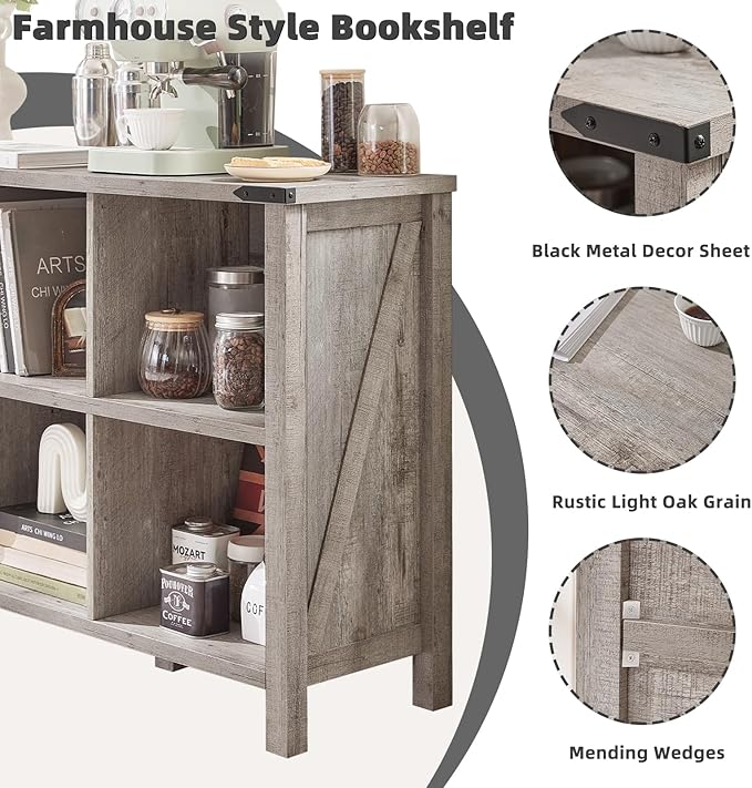 Farmhouse 6 Cube Bookshelf, Rustic Grey Oak Wooden Storage Organizer Book Shelf, 47 Inch Cubby Hallway Bookcase, Kids Toy Storage Cabinet, Modern Open Book Case for Living Room, Hallway