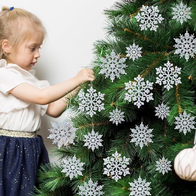 36pcs Christmas Silver Snowflake Ornaments Plastic Glitter Snow Flakes Ornaments for Winter Christmas Tree Decorations Size Varies Craft Snowflakes