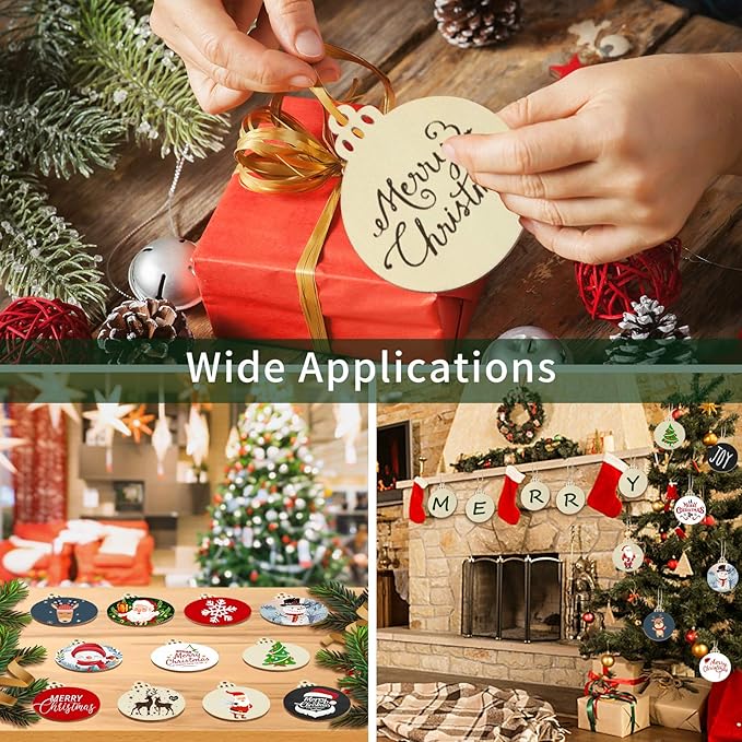 Fuyit 100Pcs 4 Inch Wooden Christmas Ornaments Unfinished Predrilled Wood Slices with Holes, Uniform Wood Round Circles Blank Discs for DIY Crafts Party Decorations