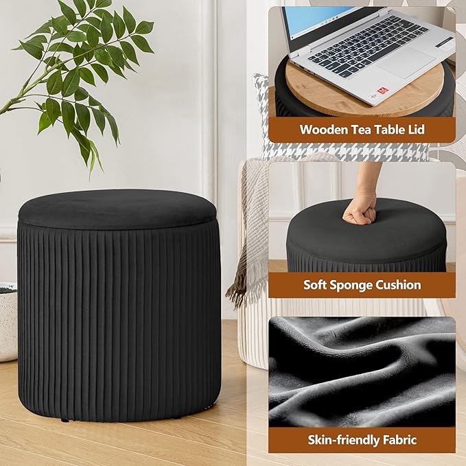 Ottoman with Storage Set of 2, Velvet Storage Ottoman, Upholstered Sponge Vanity Stool Support 300lbs, Multifunctional Coffee Table Foot Rest Ottomans for Living Room Bedroom, White