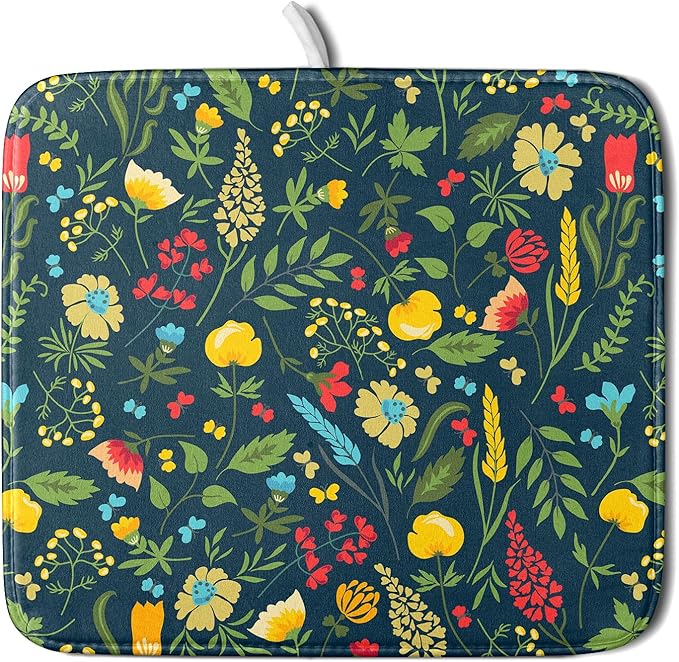 Floral Dish Drying Mat for Kitchen Counter Cute FLowers Seasonal Absorbent Reversible Microfiber Kitchen Countertop Protector Dishes Pad Small 16x18 inch