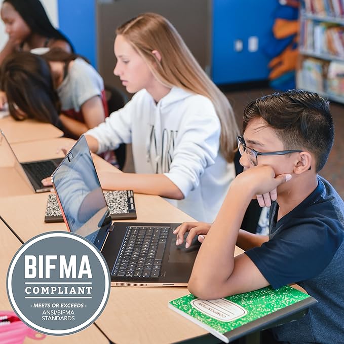 FDP Rectangle (30 x 60 inch) Classroom Table with Adjustable Chunky Toddler Legs (15-24 in); Preschool, Kinder and Daycare Furniture - Pasadena Oak Top/Navy Edge and Legs