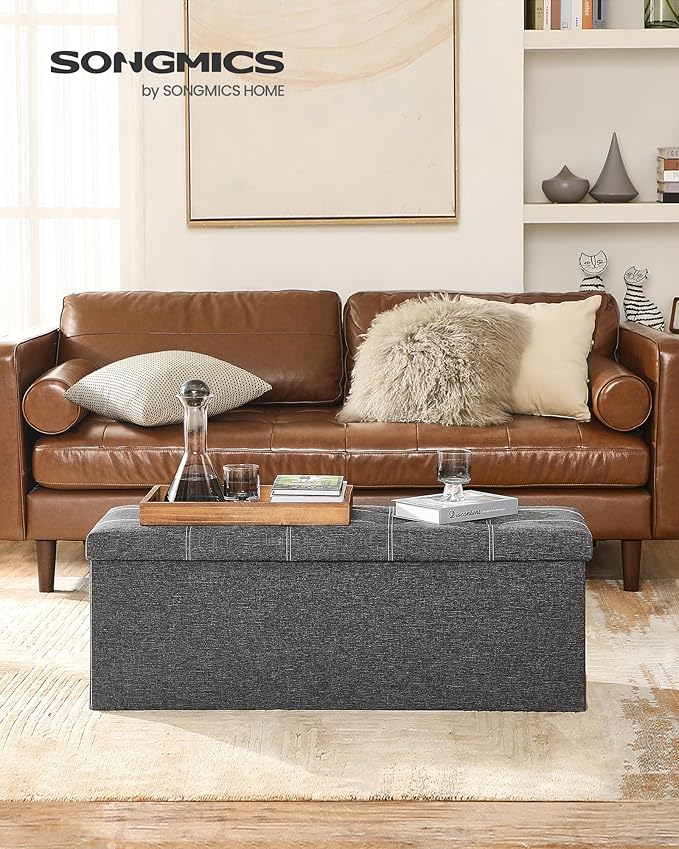 SONGMICS Mazie Collection - 43 Inches Ottoman Storage Bench, 35 Gal. Folding Chest with Breathable Linen-Look Fabric, Load up to 660 lb, for Entryway, Living Room, Bedroom, Dark Gray ULSF077G04