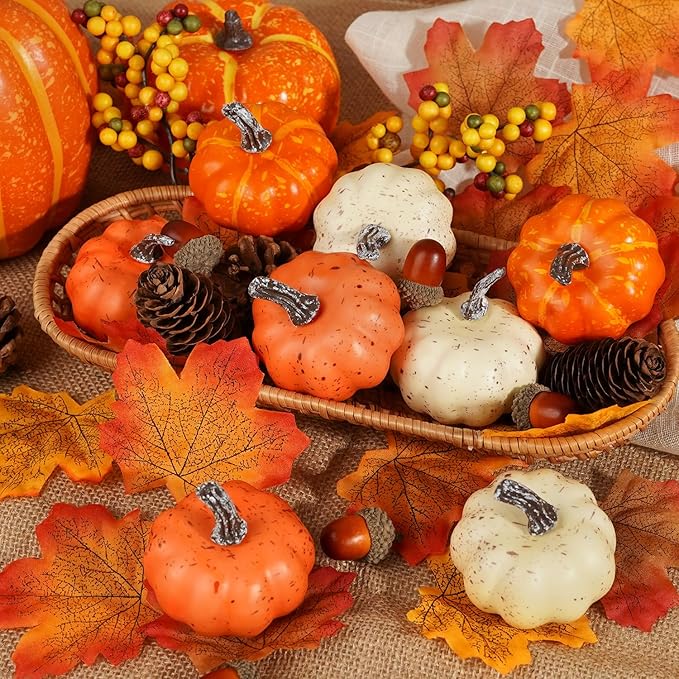 Artmag 51 PCS Artificial Pumpkins, Fall Harvest Decorations with Acorns, Pinecones, Berries, Maple Leaves for Farmhouse Fall Thansgiving Halloween Decor Decoration