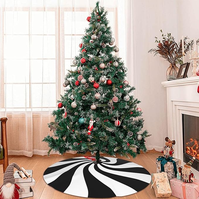 48" Black and White Peppermint Candy Christmas Tree Skirt, Tree Mat Base Cover for Xmas Festive Holiday Party Decoration Ornaments