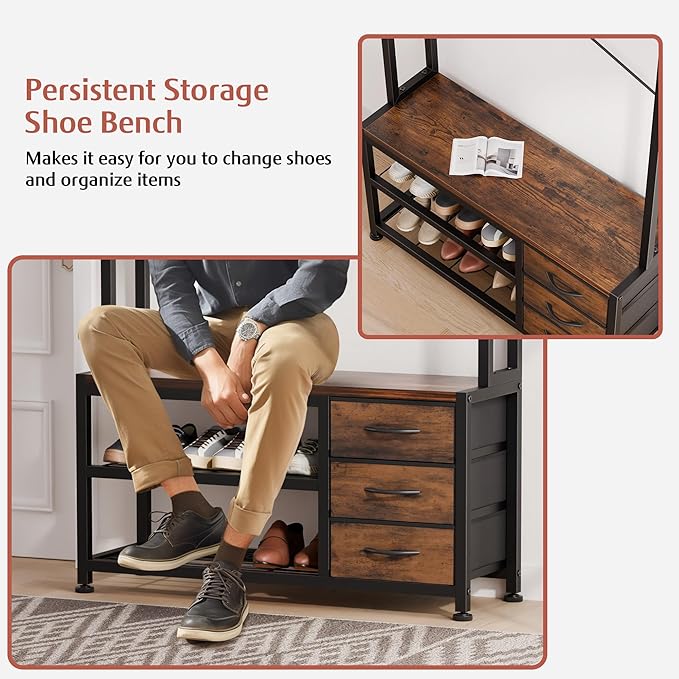 Lulive Hall Tree with Bench and Shoe Storage, 31.5" Coat Rack Freestanding with 2-Tier Storage Shelf, 6-in-1 Entryway Bench Coat Rack with 12 Hooks and 3 Drawers(Rustic Brown)
