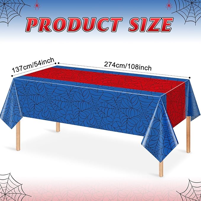 6Pcs Spider Web Themed Birthday Party Tablecloth Decorations,Blue Hero Plastic Table Cover with Red Runner Disposable Rectangle Table Cloth for Baby Shower Kids Boy Birthday Party Supplies,54x108 Inch