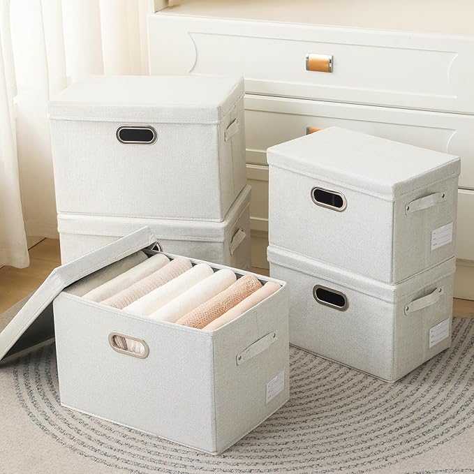 PRANDOM Large Collapsible Storage Bins with Lids [3-Pack] Fabric Foldable Storage Boxes Organizer Containers Baskets Cube with Cover for Home Bedroom Closet Office Beige(17.3x11.8x11.8)