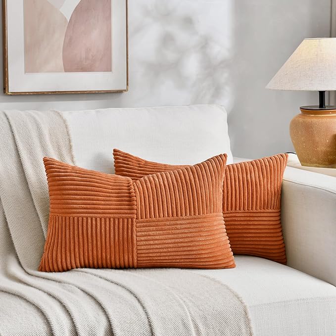 Fancy Homi 2 Packs Burnt Orange Lumbar Decorative Throw Pillow Covers 12x20 Inch for Living Room Couch Bed Sofa, Farmhouse Boho Home Decor, Soft Striped Corduroy Rectangle Accent Cushion Case 30x50 cm