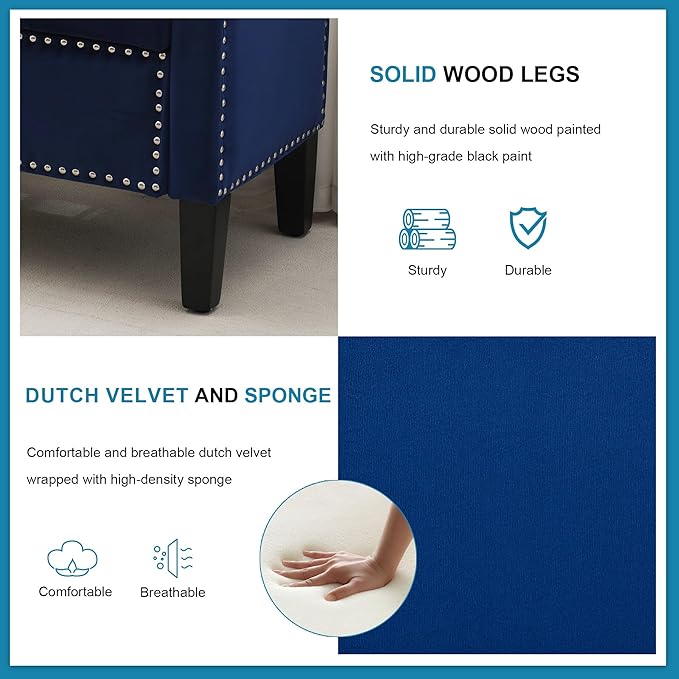 Storage Ottoman Bench, Velvet Upholstered Footstool for Bedroom and Living Room, Tufted Seat with Storage, Wooden Legs & Metal Rivets, Dark Blue