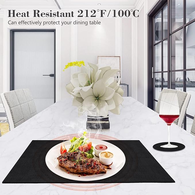 Faux Leather Placemats Set of 6,Heat Resistant Placemats for Dining Table, Easy Clean Non-Slip Place Mats, Waterproof Stain Resistant Wipeable Washable PU Table Mats, (Black)