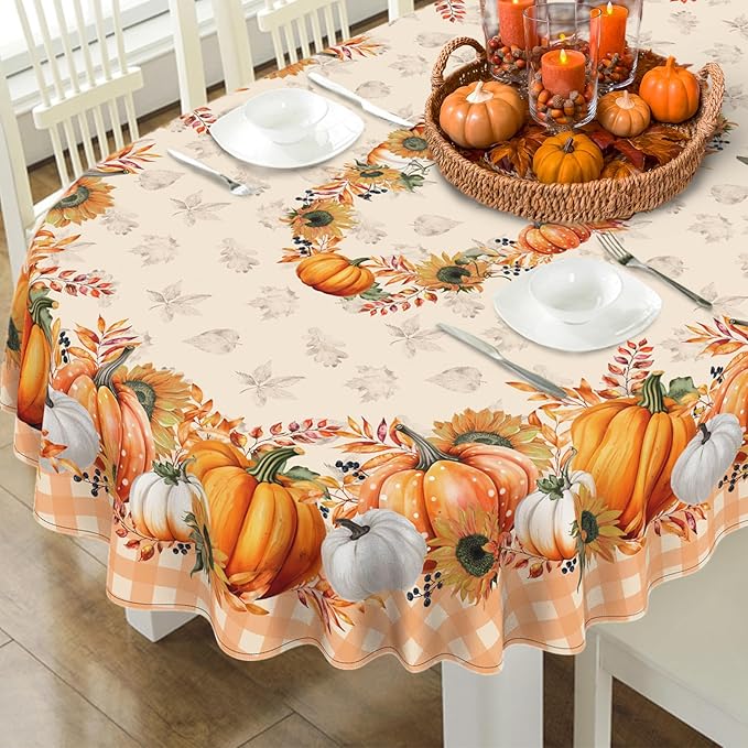 Fall Pumpkin Tablecloth Buffalo Plaid Thanksgiving Autumn Table Cloth 60"x102", Waterproof Fall Table Cover for Fall Harvest Party Decoration-Orange Pumpkin