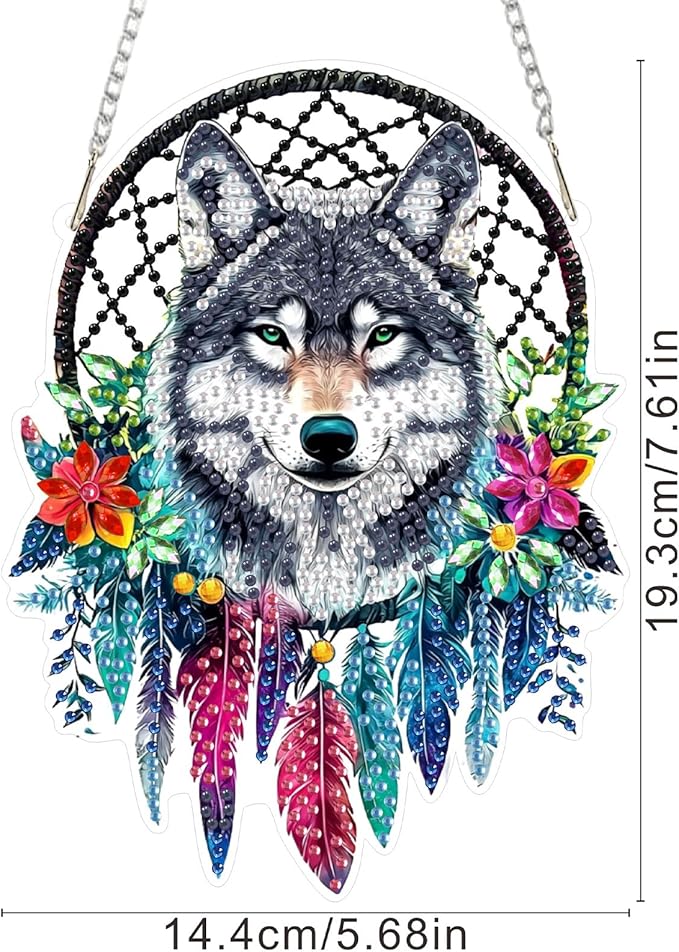 SENQAO Wolf Diamond Art Hanging Kit for Adult, Special Shaped Rhinestone, Double Sided DIY Acrylic Diamond Art Painting Window Pendants Home Garden Wall Hanging Kits Hanging Ornament (Dream Catcher)