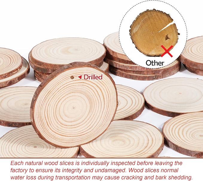 60 Pcs Wood Slices for Crafts, 1.7"-2.1" Pre-Drilled Holes Wood Rounds, 66 FET Twine String, Wooden Circles for Crafts Burning Painting DIY Crafts Christmas Wedding Party Wedding Decor Party