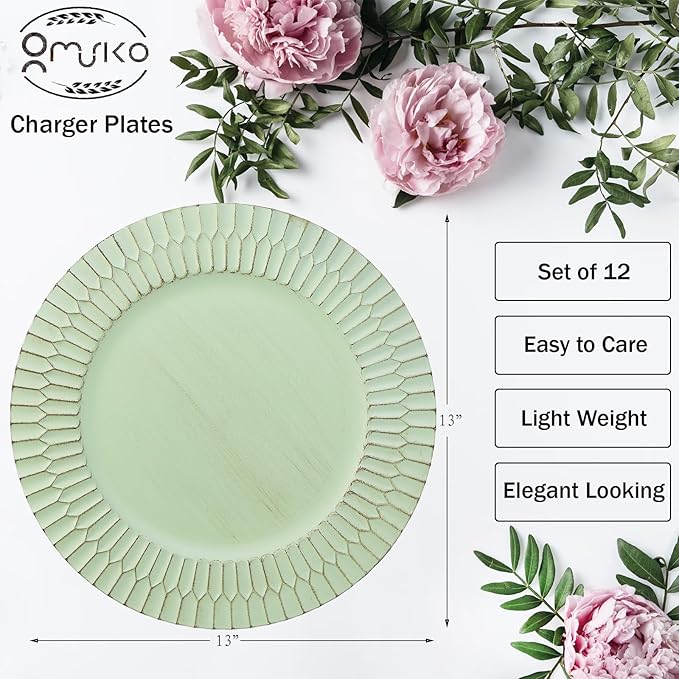 Green Charger Plates Set of 12, 13" Plastic Chargers for Dinner Plates, Thanksgiving, Christmas Party Banquet Serveware Supplies