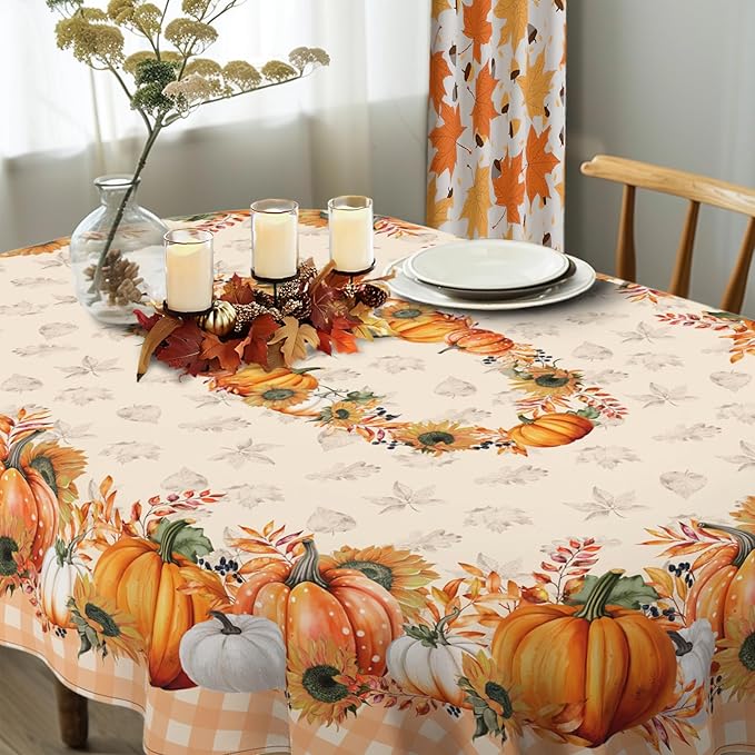 Fall Pumpkin Tablecloth Buffalo Plaid Thanksgiving Autumn Table Cloth 60"x120", Waterproof Fall Table Cover for Fall Harvest Party Decoration-Orange Pumpkin