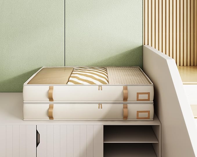 Vailando Under Bed Storage Containers, Foldable Storage Bins for Blankets, Comforter, and Seasonal Clothing, 6 Inches Tall, Beige with Brown Leather Handles, 2-Pack