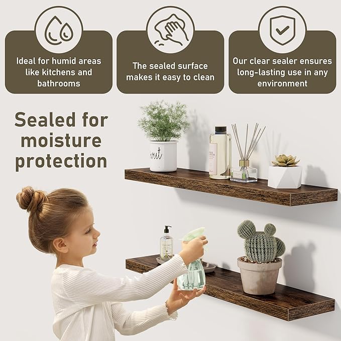 Floating Shelves Wall Shelf 40 Inch, 8 Inch Deep Floating Shelf for Wall, Farmhouse Black Wood Shelves Invisible Bracket for Living Room, Bedroom, Kitchen, 40 x 8 x 1.4 Inch, Set of 2, Rustic Brown