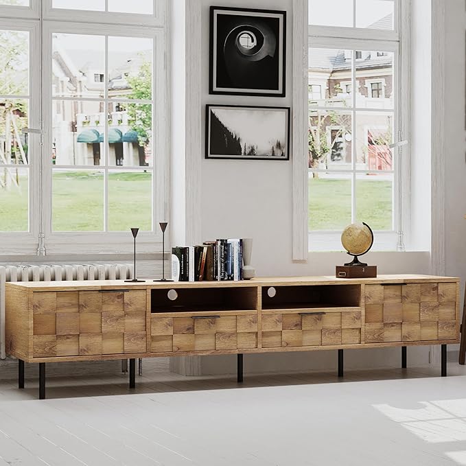 Modern TV Stand for TVs up to 85", Mid-Century Media Console with Checkered Cabinet Doors, Storage Drawers & Open Shelves, Wood Entertainment Center with Metal Legs