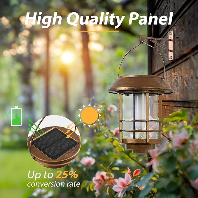 Otdair Solar Wall Lantern Outdoor, Flickering Flames Solar Sconce Lights Outdoor, Hanging Lamps Wall Mount for Front Porch, Patio and Yard, 2 Pack, Yellow Bronze