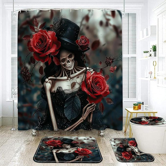 NEWSUYAA Halloween Decorations Shower Curtain Set with Non-Slip Rugs and Bath Mats,Black Skull Skeleton Bathtub Curtains with 12 Hooks,All Saints'Day (Nov 1st) Bathroom Decor