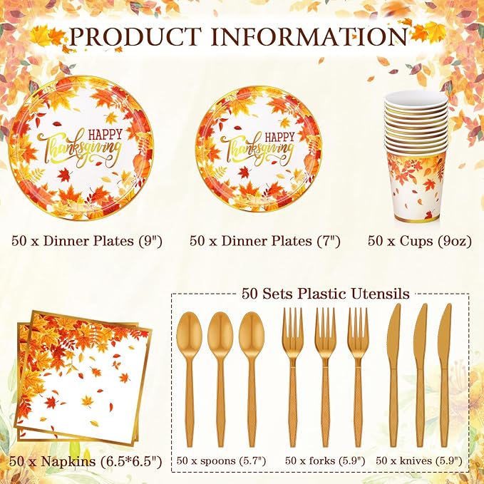 350 Pcs Thanksgiving Fall Party Supplies Maple Leaf Dinnerware Set Disposable Plates Napkins Paper Cups Plastic Cutlery for Autumn Thanksgiving Harvest Party Decor Serves 50(Maple Leaf)