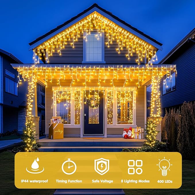 JMEXSUSS 38.8FT Icicle Lights for Outside, 400 LED Icicle Christmas Light Outdoor Indoor Plug in, Warm White String Lights for Christmas House Patio Party Fireplace Holiday Decorations