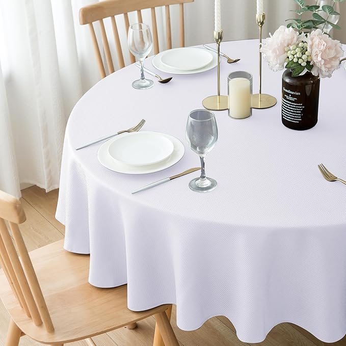 Biscaynebay Textured Fabric Round Tablecloths 70" for Round Tables diameters from 30" to 58", White Water Resistant Folding Table Covers Washable for Dining, Kitchen, Wedding, Parties etc