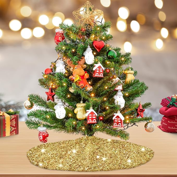 Gold Christmas Tree Skirts 21 Inches Metallic Tree Cover Skirt Personalized Christmas Tree Mat Ornament Rustic Round Small Xmas Tree Skirts for Holiday Festival Home Christmas Indoor Decoration