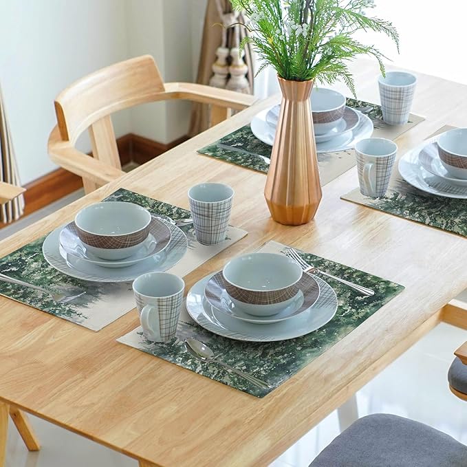 Green Watercolor Tree Christmas Placemats Set of 4 Seasonal Winter Theme Place Mats 12x18 Inch Xmas Holiday Washable Table Mats for Home Party Kitchen Dining