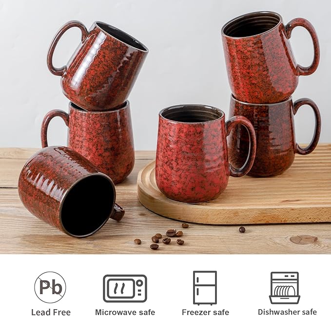 Hasense Coffee Mugs Set of 6, 15 Ounce Ceramic Coffee Cups Set with Handle,Porcelain Tea Mug for Kitchen, Red Cup for Tea,Cocoa,Dishwasher and Microwave Safe