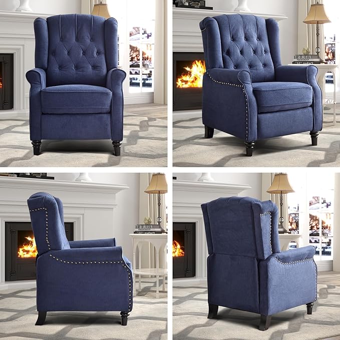 EBELLO Pushback Recliner Chair, Fabric Armchair Push Back Recliner with Rivet Decoration, Single Sofa Accent Chair for Living Room, Bedroom, Navy Blue