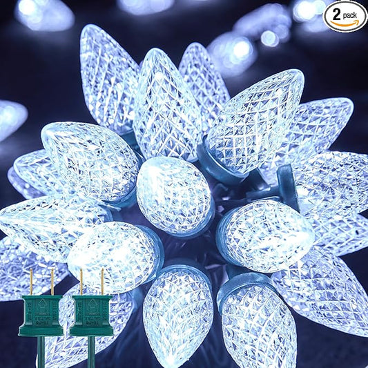 Brightown 2 Pack White C9 LED Christmas String Lights - 33ft 50 LED Waterproof Strawberry String Lights, Plug-in Extendable Green Wire Lights String for Outdoor Indoor Patio Party Decoration