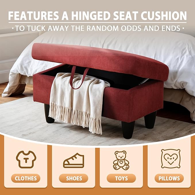 Ottoman Rectangular Storage Ottoman Bench, Flannel Footrest Stool Footstool with Lid for Living Room, Bedroom, Entryway, Red, 28.5"x19"x17.5"