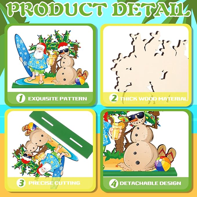 6 Pcs Summer Christmas in July Wooden Table Decoration July Summer Table Centerpiece Sets Decor Christmas Party Supplies Santa Flamingo Palm Tree Beach Party Table Decorations Holiday Xmas Supplies